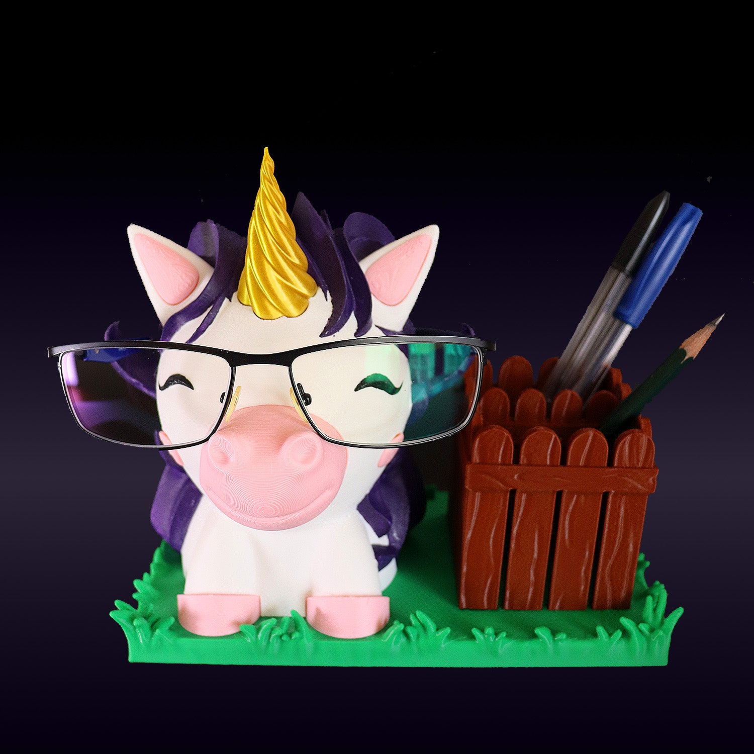 Porta-lápis e apoio de óculos de unicórnio